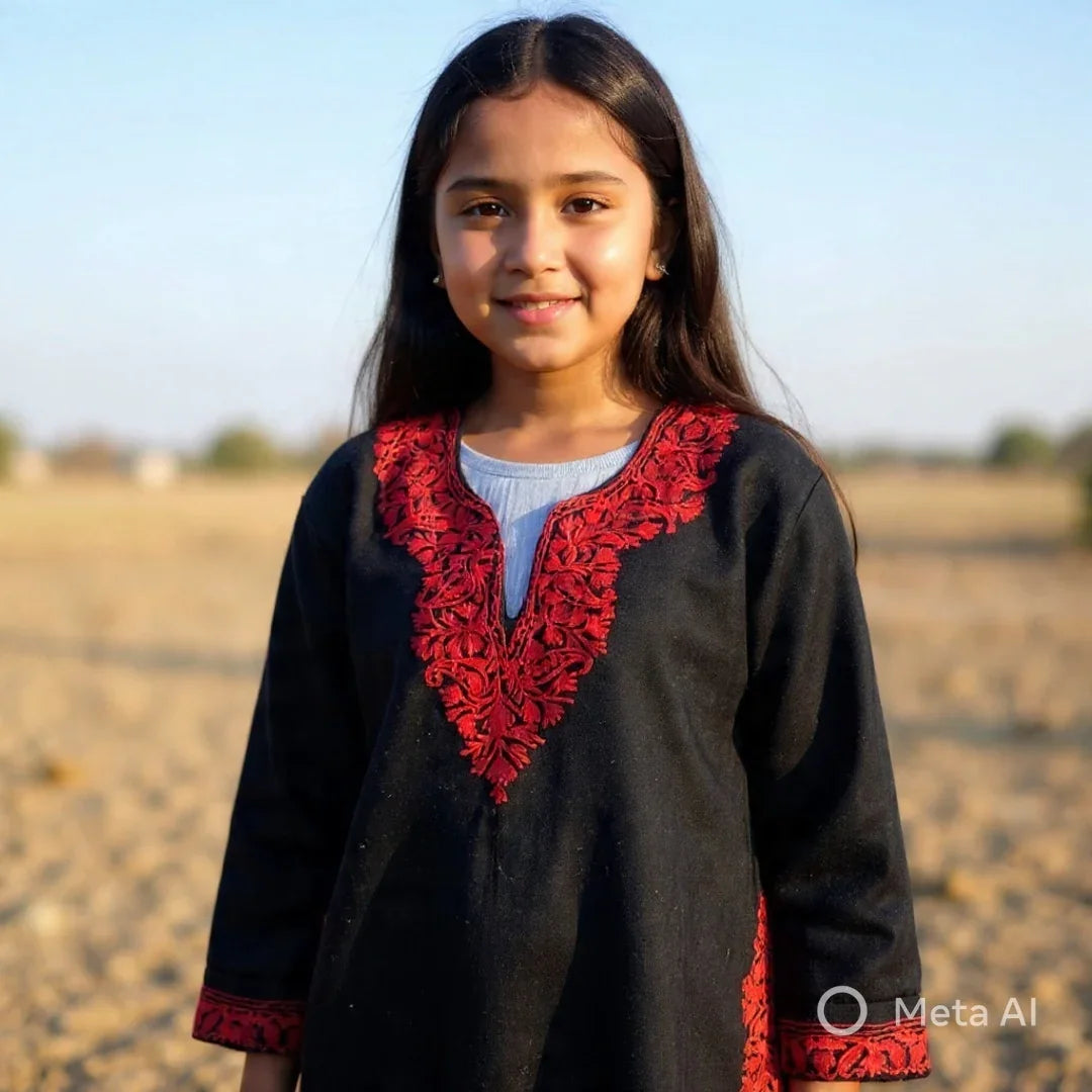 Young girl wearing black Pashmina shawl with red embroidery standing outdoors in natural light