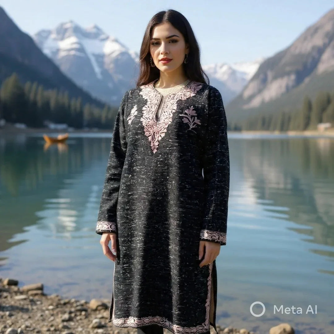 Woman wearing black pashmina shawl dress with pink embroidery by a mountain lake with snowy peaks