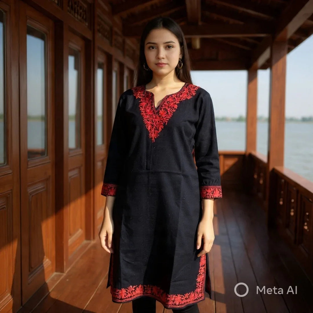 Woman wearing black traditional kurti with red floral embroidery standing on wooden balcony by the water