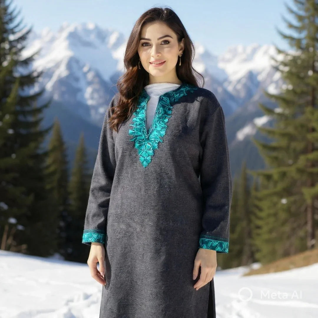 Women Yak Wool Faran | XL Grey | V Neck