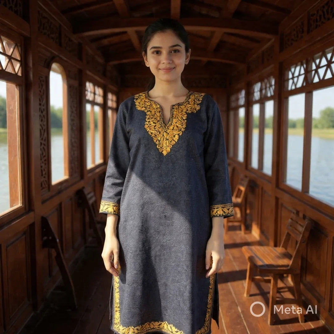 Woman in navy blue Pashmina kurta with golden embroidery standing inside wooden houseboat with lake view