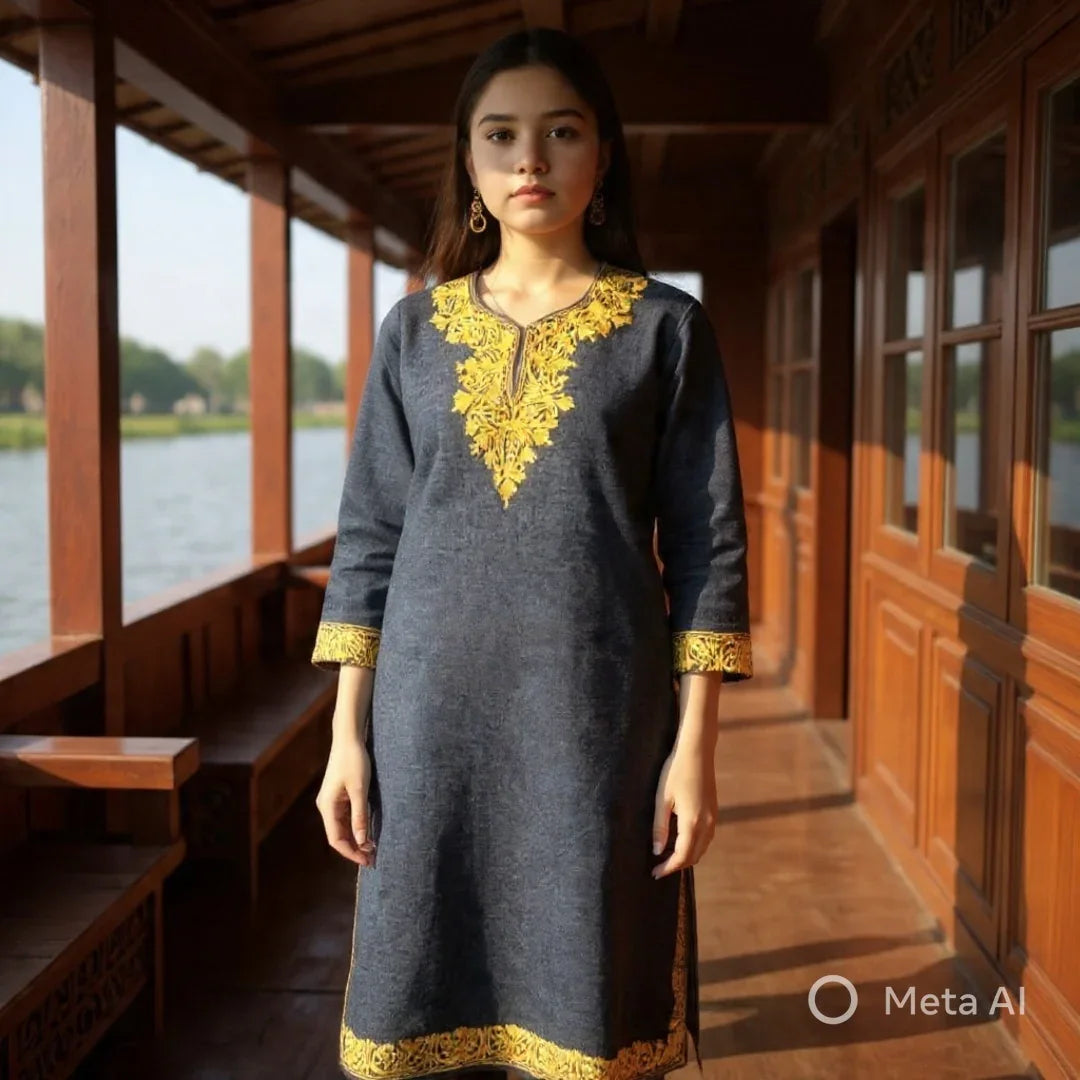 Woman wearing dark blue woolen dress with yellow embroidery standing on wooden balcony by water