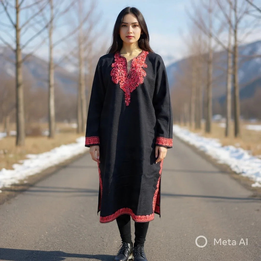 Women Yak Wool Faran | XXL Dark Black | V Neck