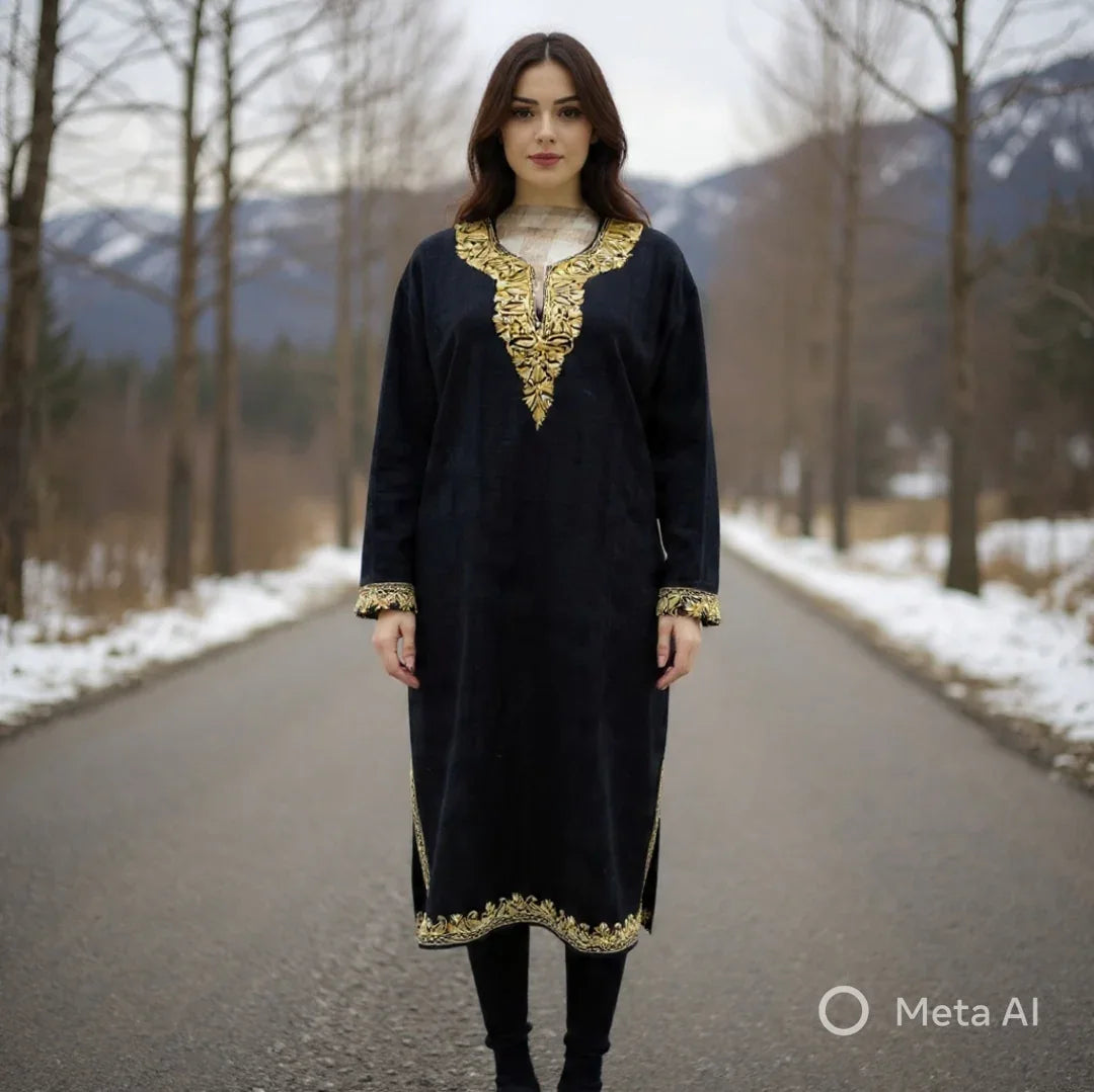 Women Yak Wool Faran | XL Black | V Neck