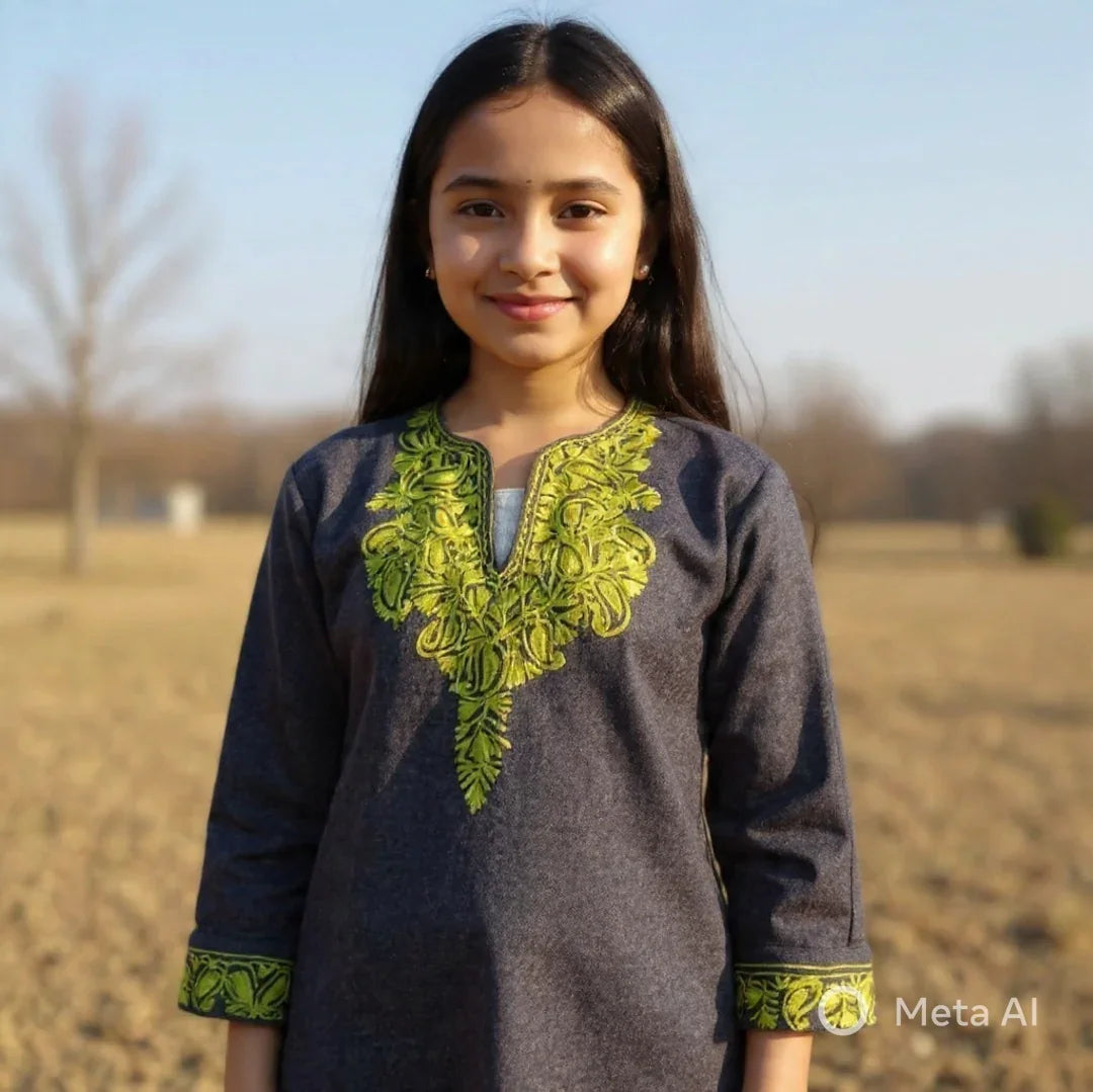 Young girl wearing traditional grey woolen dress with green embroidery standing outdoors on a sunny day
