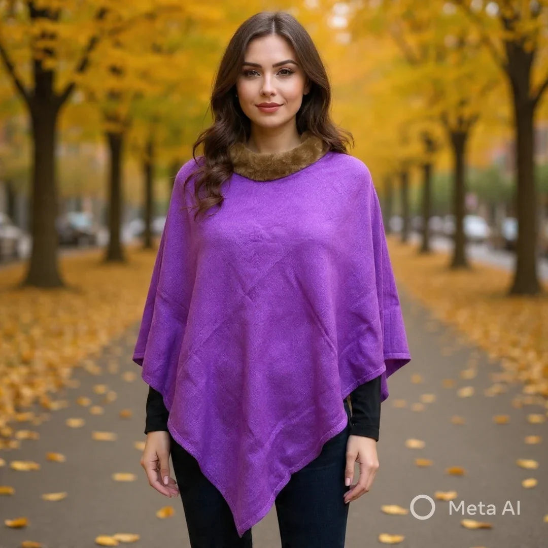 Plain Pashmina Poncho With Fur | Purple Colour