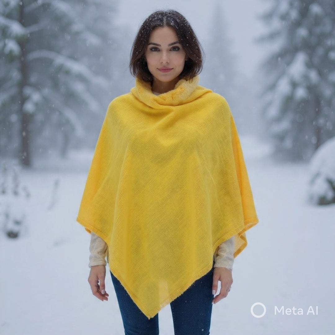Plain Pashmina Poncho With Fur | Yallow Colour
