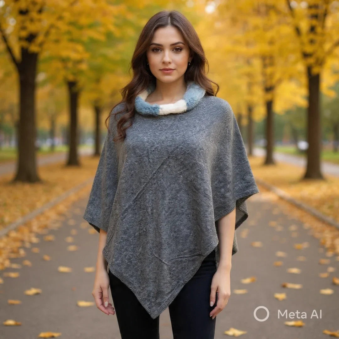 Plain PashminaPoncho With Fur | Natural Black Colour