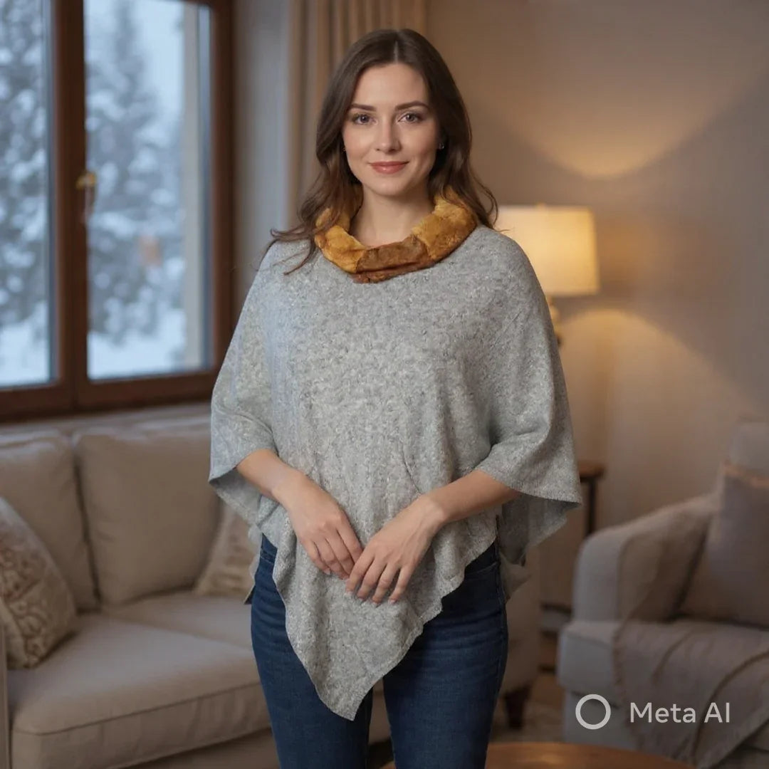 Plain Pashmina Poncho with Fur | Silver Colour