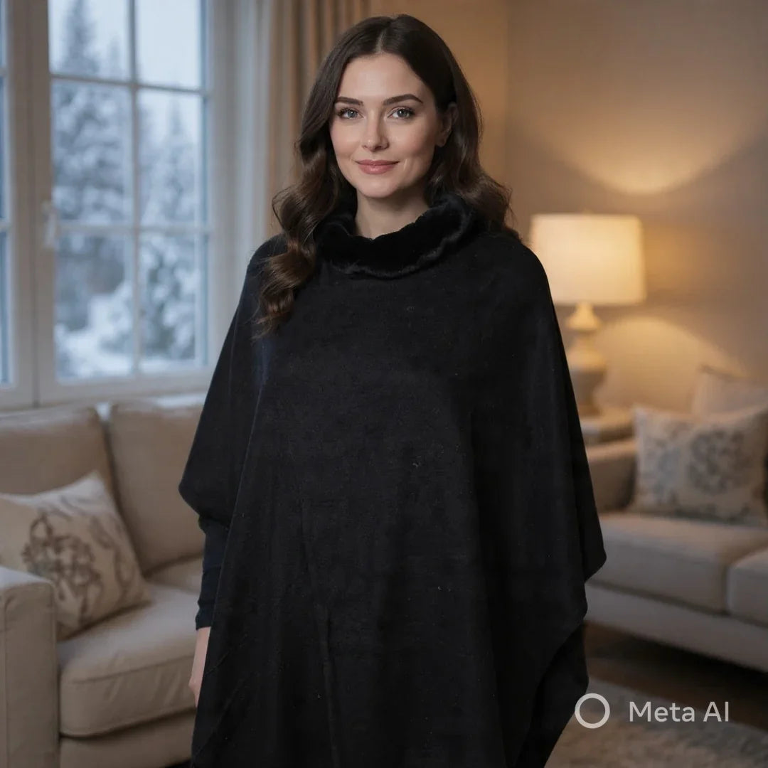 Plain Pashmina Poncho With Black Fur | Black Colour