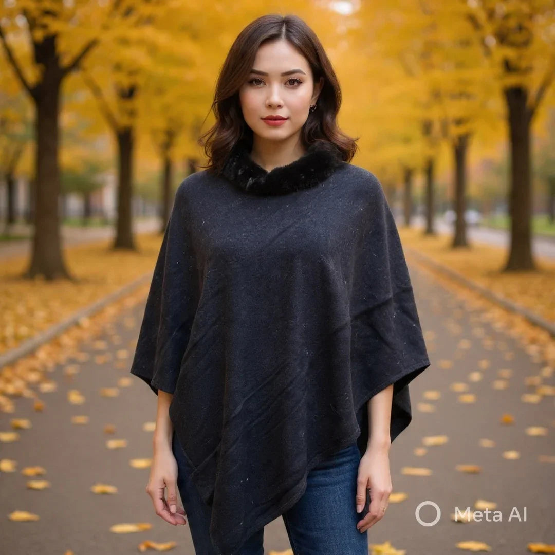 Plain Pashmina Poncho With Black Fur | Black Colour