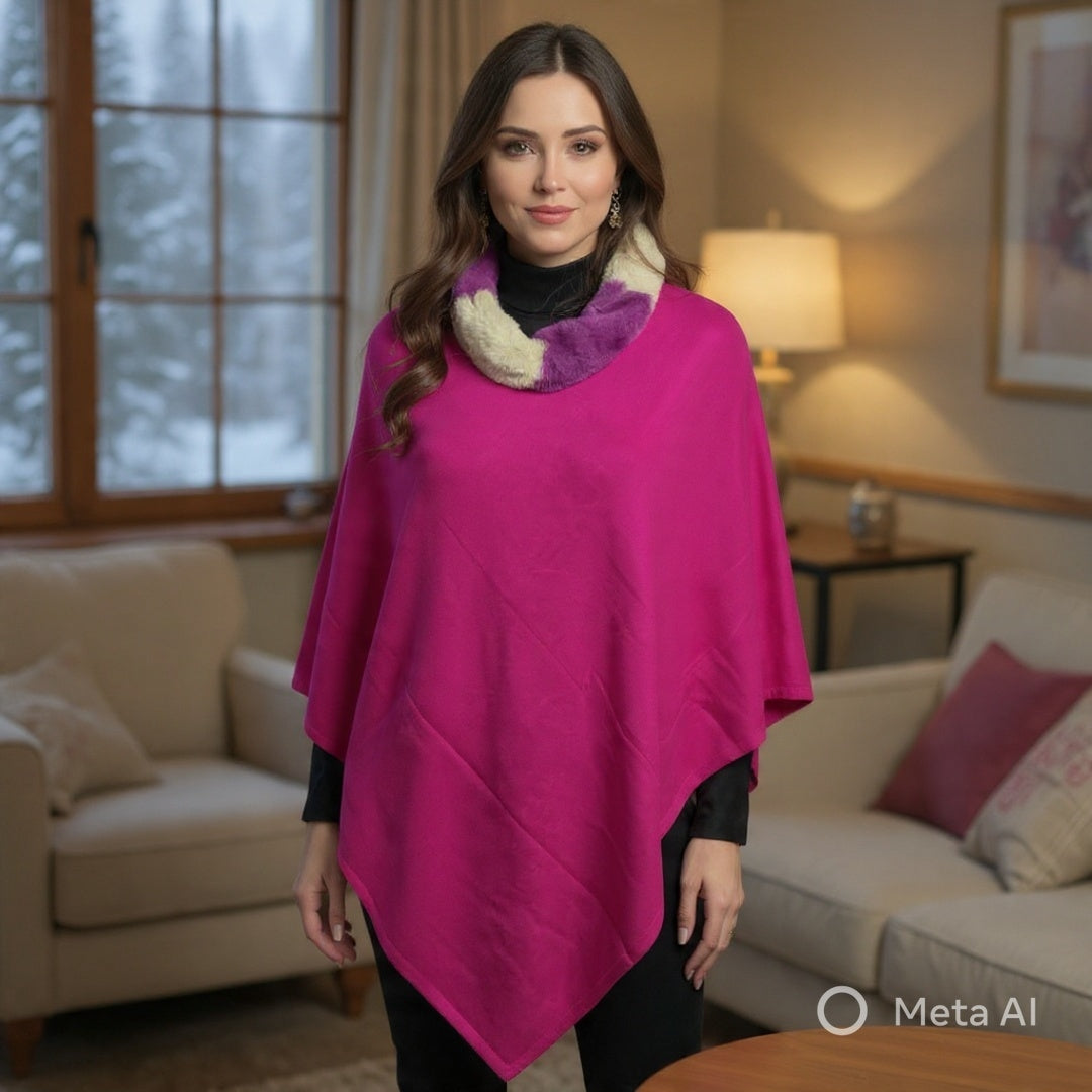 Plain Pashmina Poncho With Fur | Hot Pink Colour