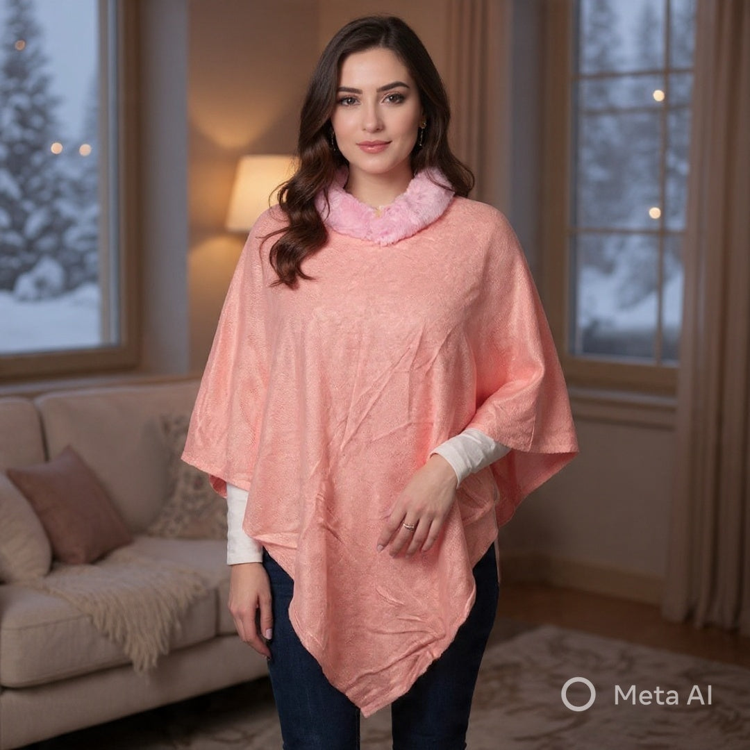 Plain Pashmina Poncho with Fur | Salmon Colour