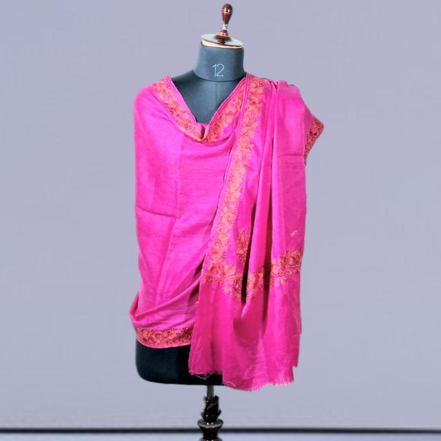 Kashmiri Aari Work Stole | Pink Colour | Handwork - ZANSKAR ARTS