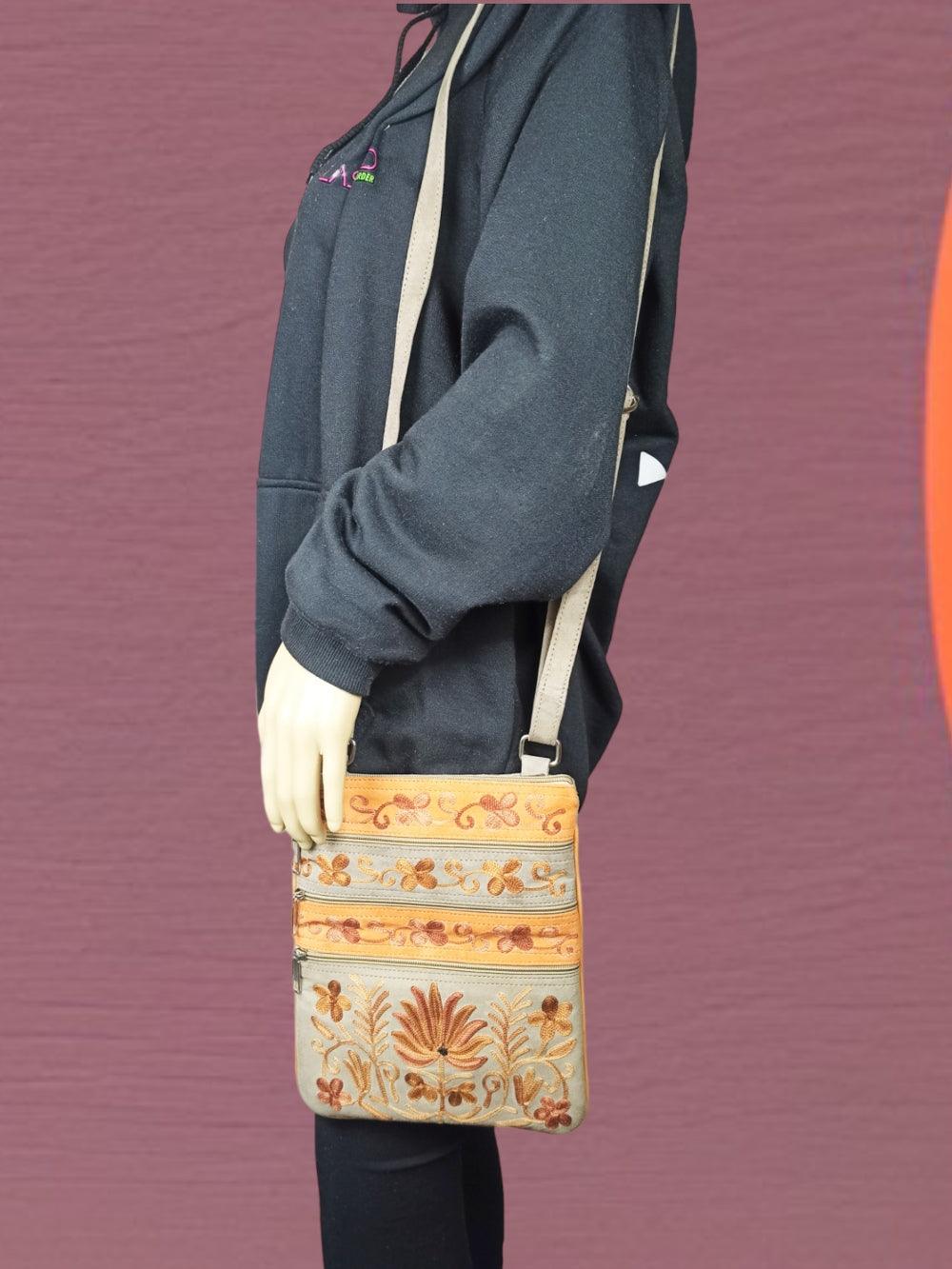 Suede Leather Sling Bag | Embroidery 5 Zipper | Sling Bag For Girls - ZANSKAR ARTS