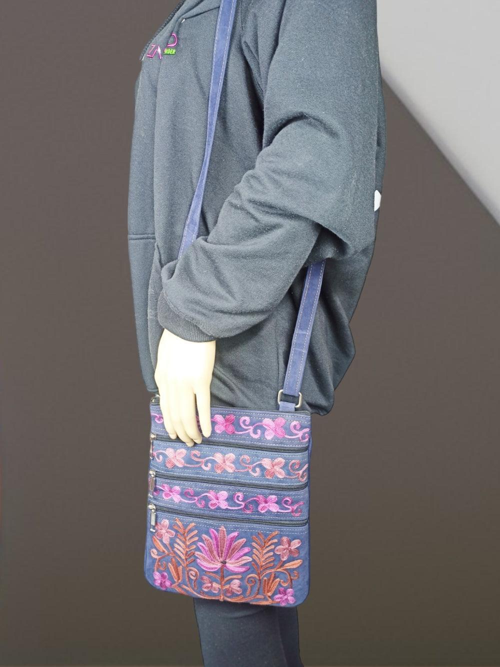 Suede Leather Sling Bag | Embroidery 5 Zipper | Sling Bag For Girls - ZANSKAR ARTS