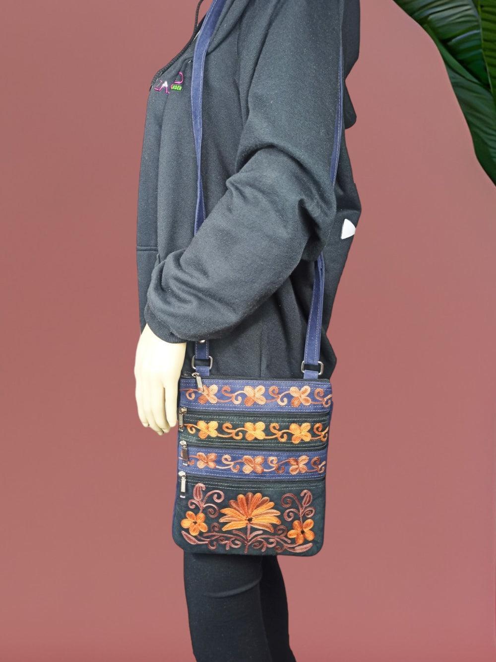 Suede Leather Sling Bag | Embroidery 5 Zipper | Sling Bag For Girls - ZANSKAR ARTS