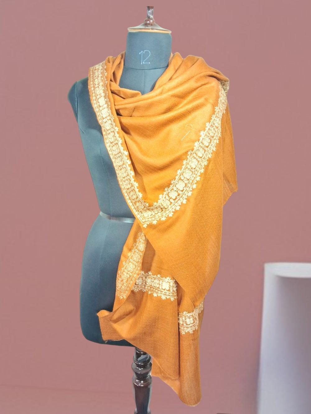 Tilla Border Stole | Zari Border | Orange Colour | Handwoven - ZANSKAR ARTS