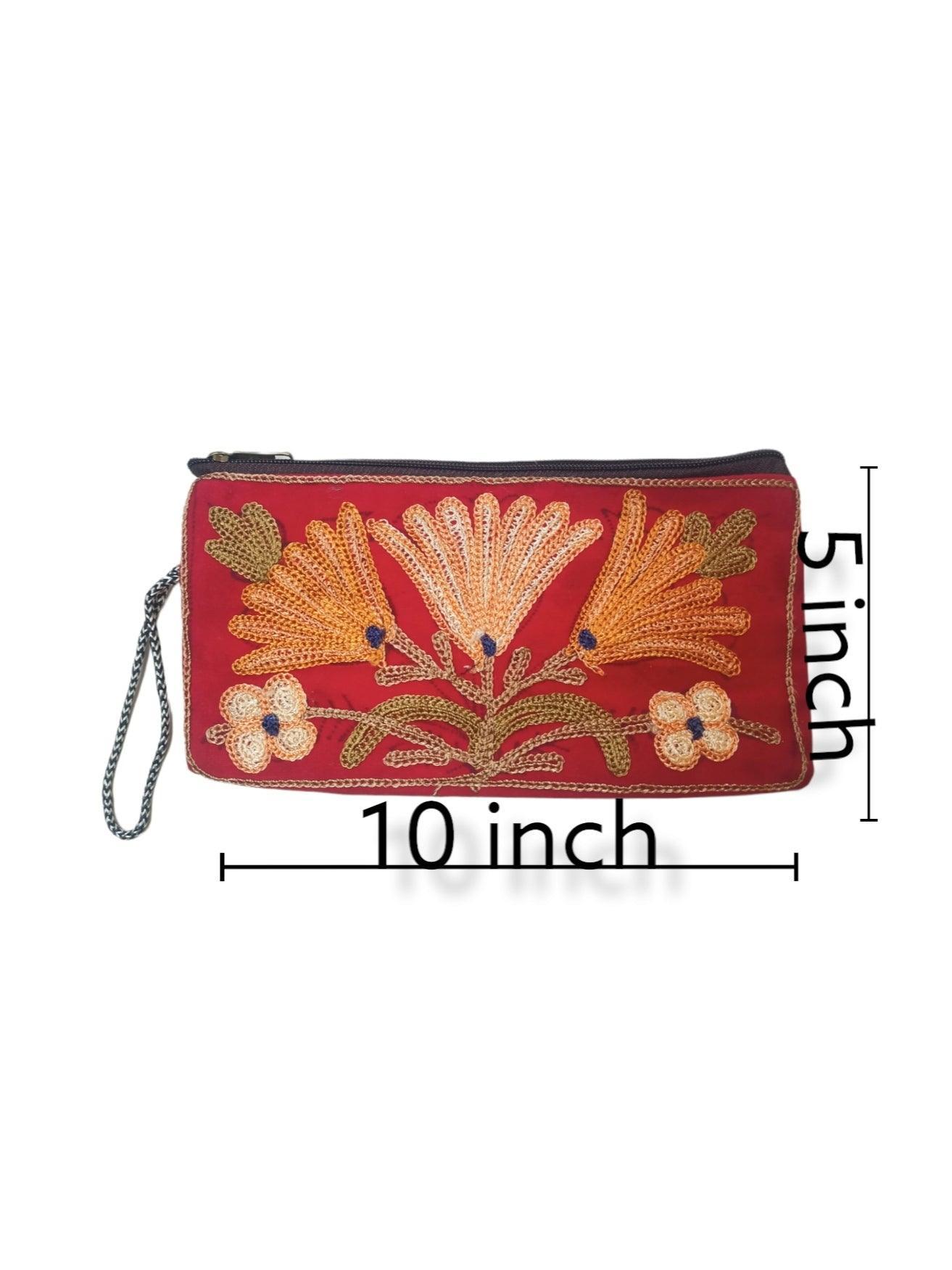Aari work clutch | Hand Clutch | Cotton Silk Pouch - ZANSKAR ARTS