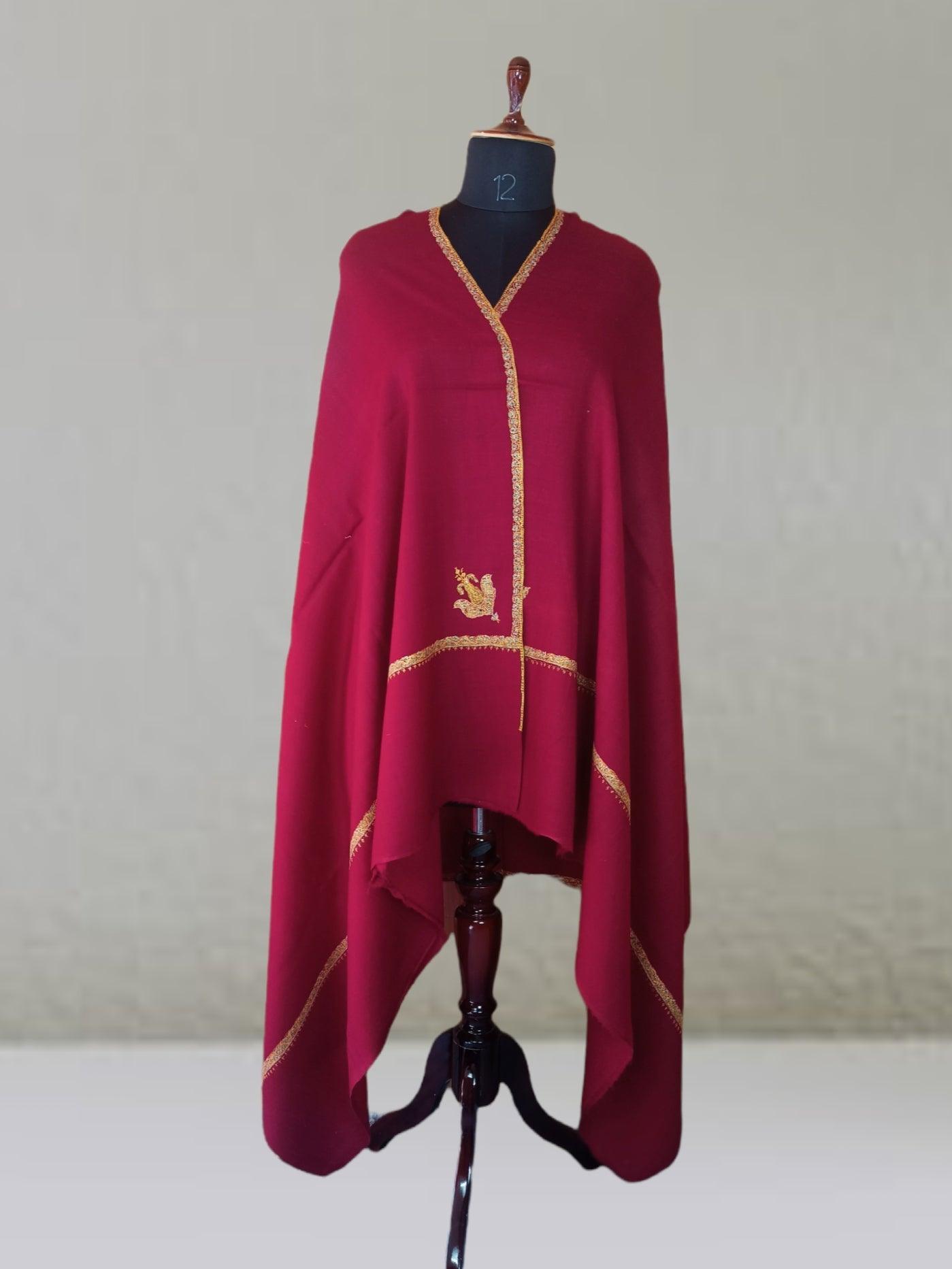 Fine Wool Shawl | Needle Work Shawl | Maroon - ZANSKAR ARTS