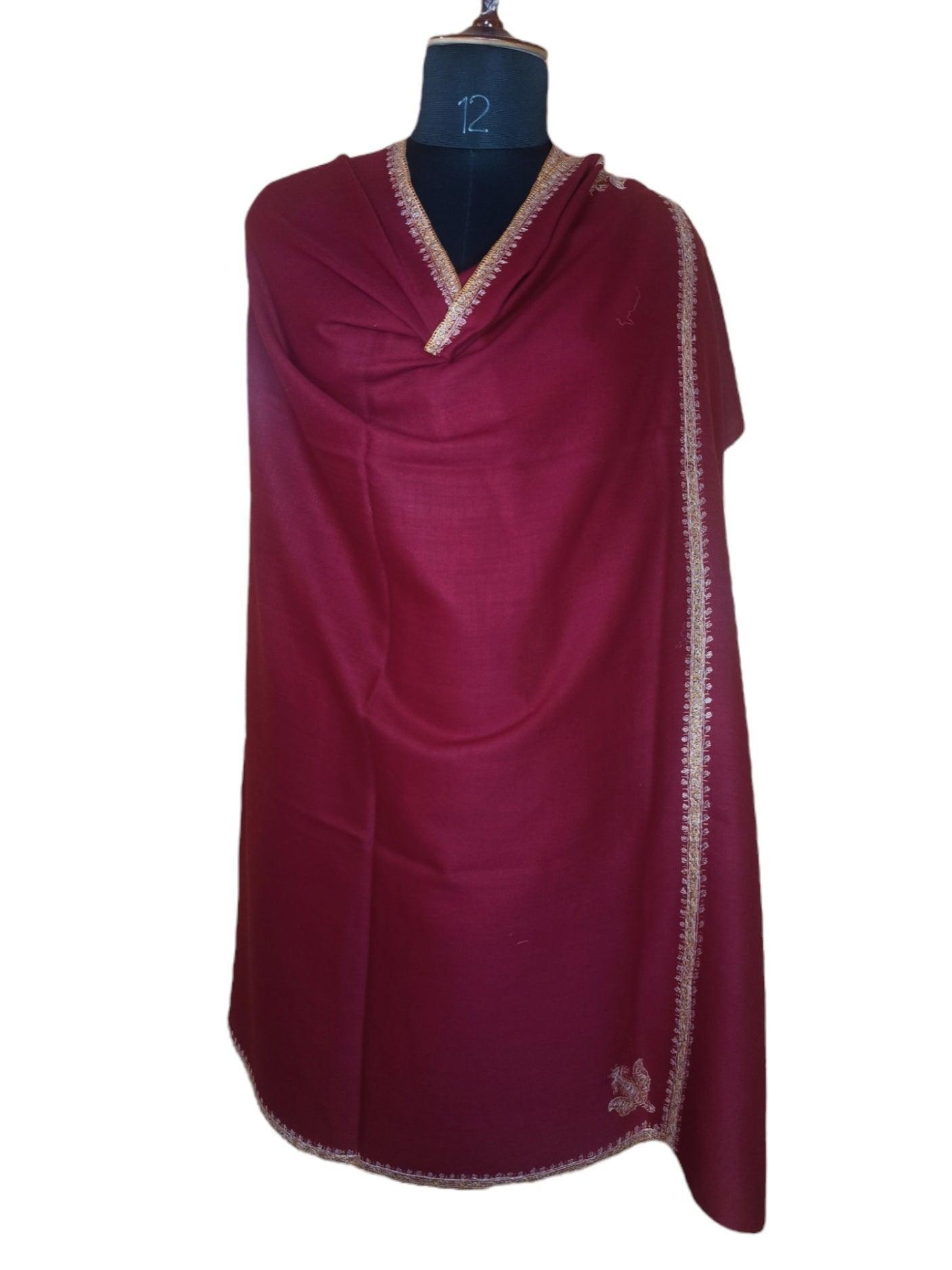 Fine Wool Shawl | Needle Work Shawl | Maroon - ZANSKAR ARTS