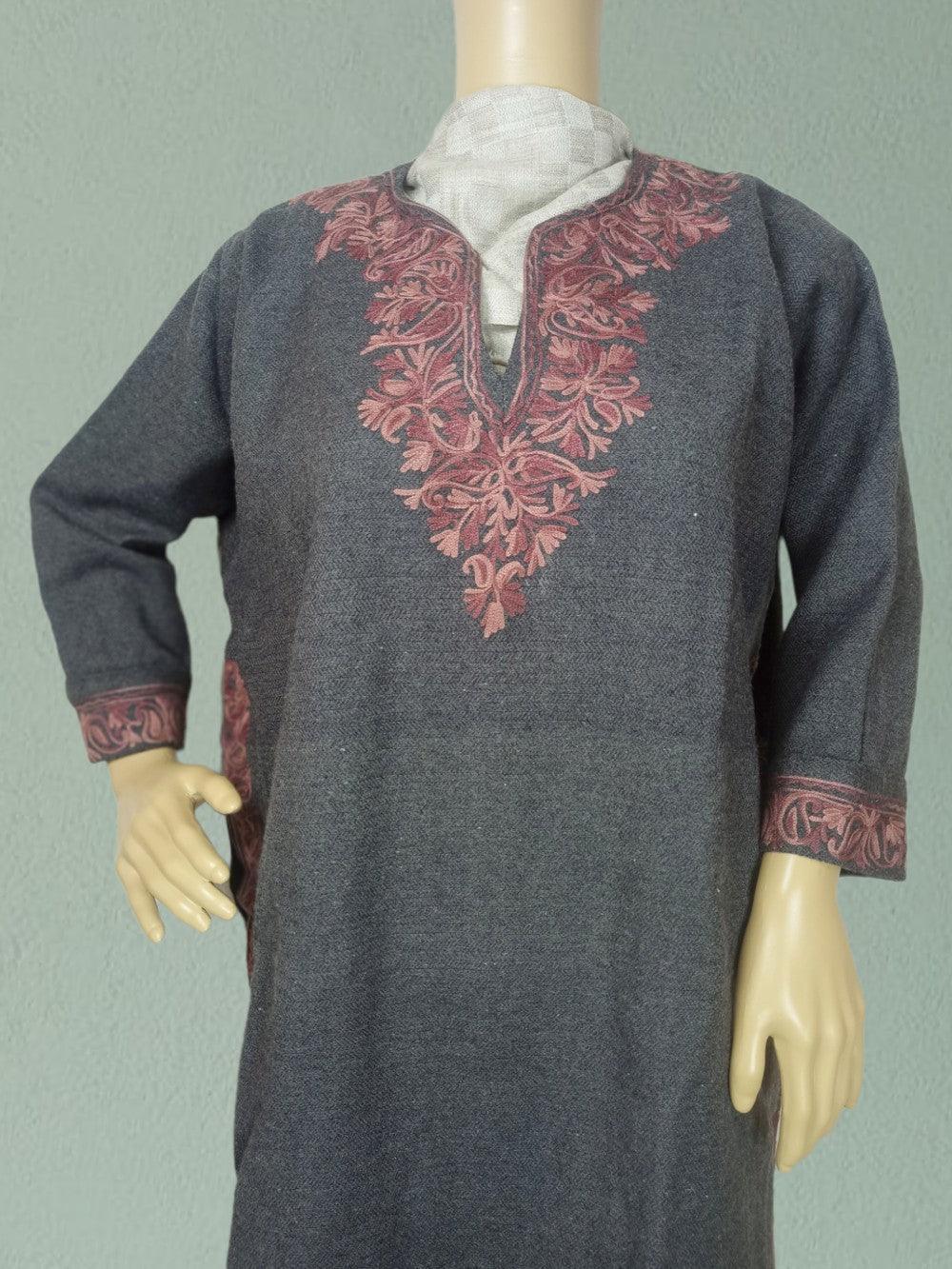 Gray woolen kurta with pink floral embroidery on neckline and cuffs, displayed on mannequin