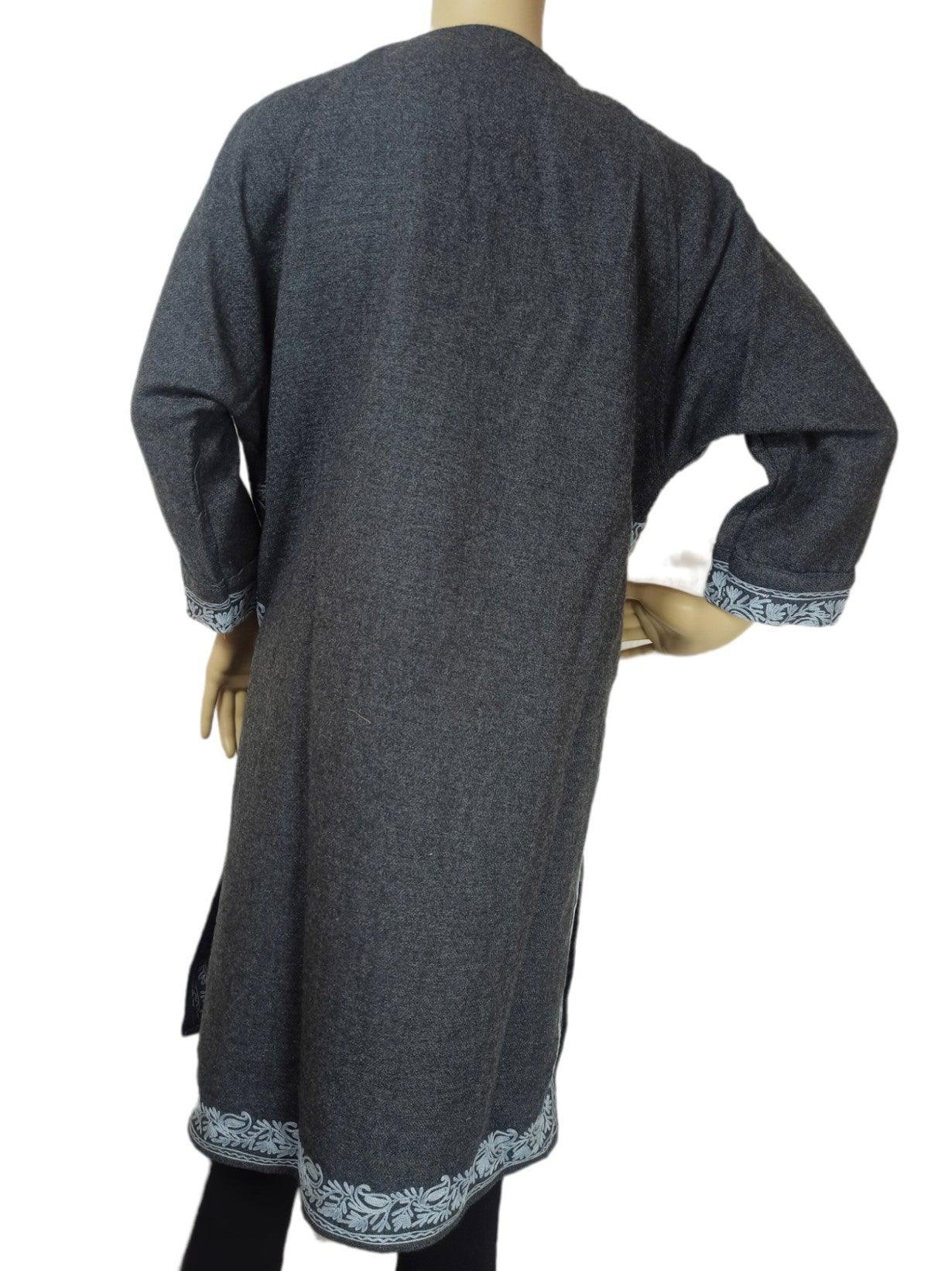 Gray woolen long coat with light blue embroidery on cuffs and hem, displayed on mannequin