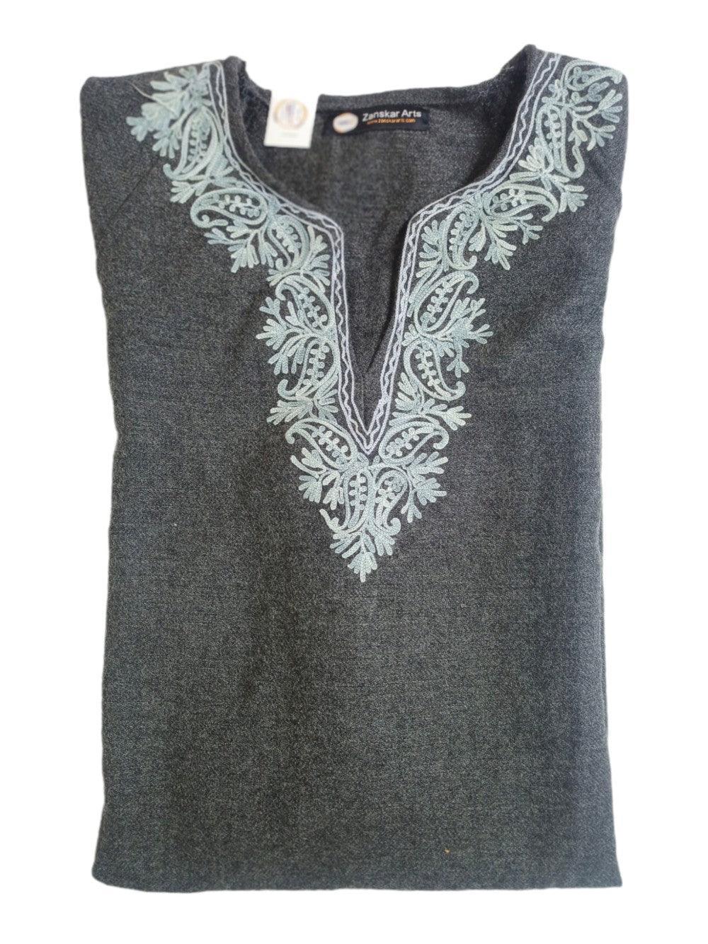 Dark grey Pashmina shawl with light blue delicate floral embroidery on neckline from Zanskar Arts