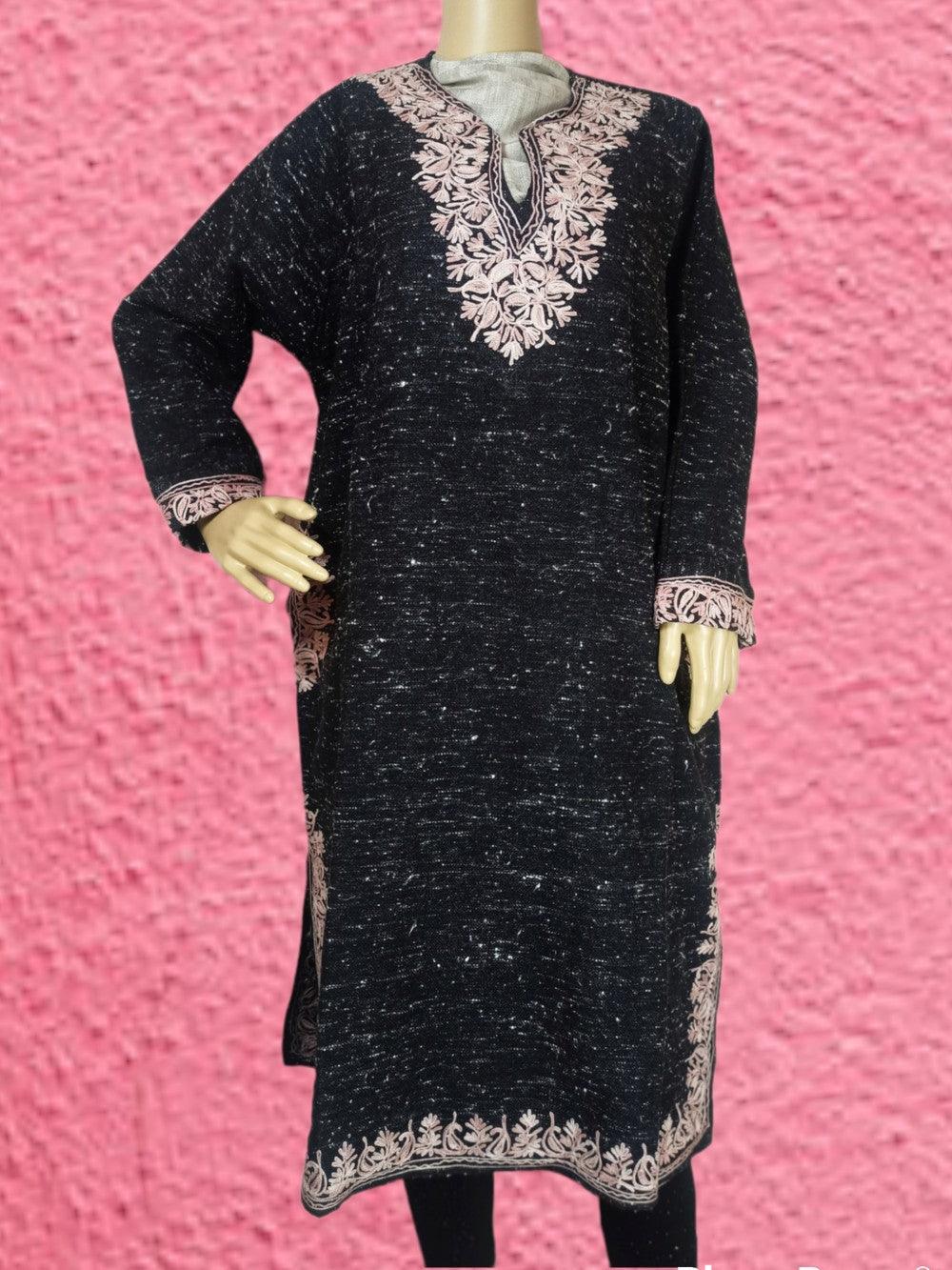 Women Yak Wool Faran | XL Natural Black | V Neck - ZANSKAR ARTS