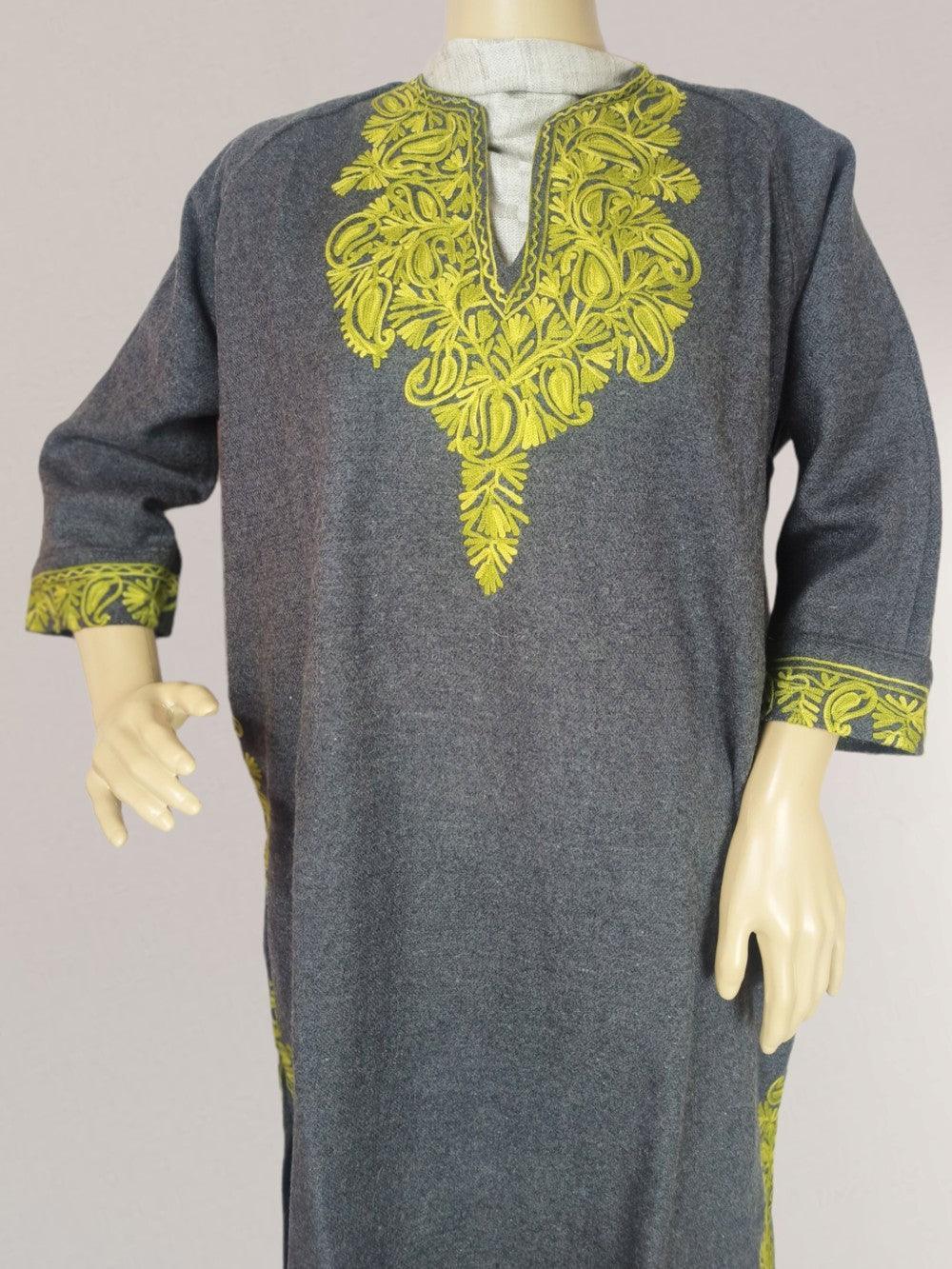 Grey woolen kurta with intricate yellow floral embroidery on neckline and cuffs displayed on mannequin