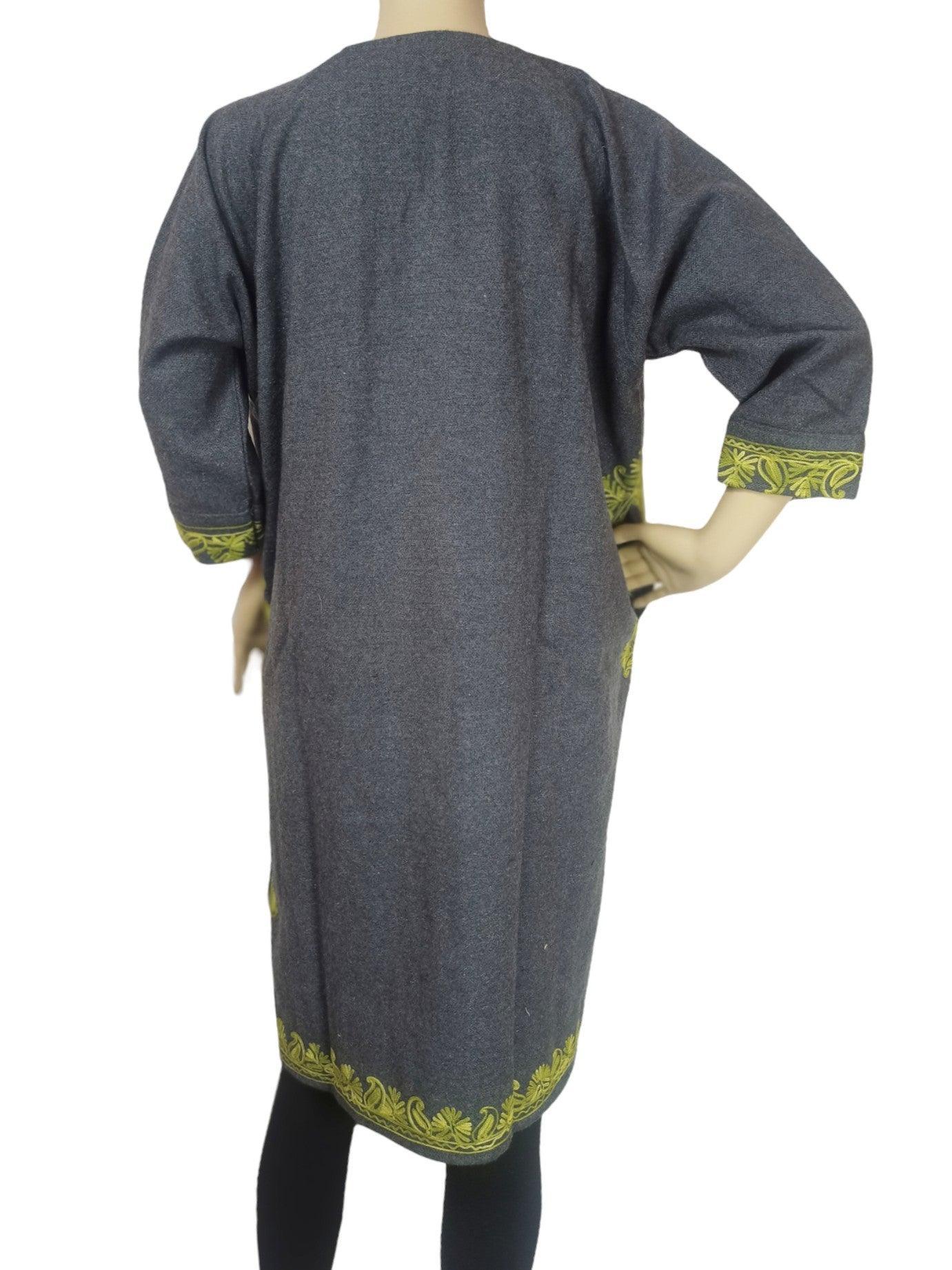 Back view of grey Pashmina wool kurti with detailed yellow embroidery on cuffs and hem, worn on mannequin