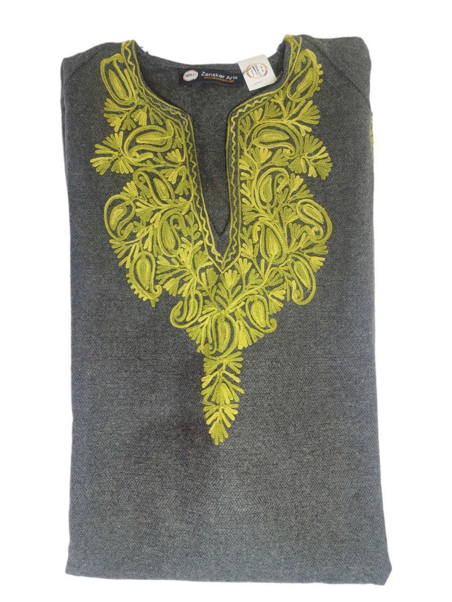 Folded grey woolen kurta with intricate yellow floral embroidery on the neckline, Zanskar Arts label