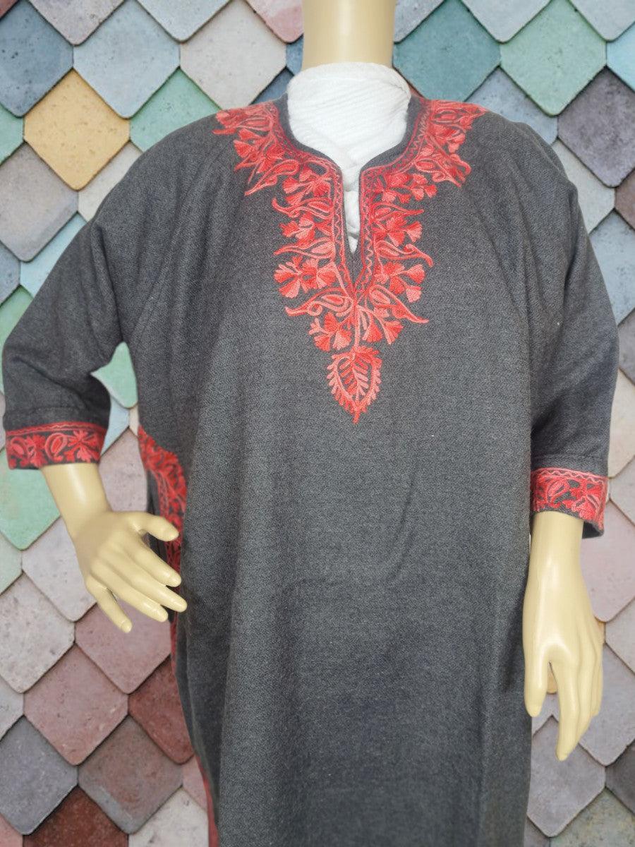 Grey traditional kurta with vibrant red floral embroidery on neckline and cuffs displayed on mannequin