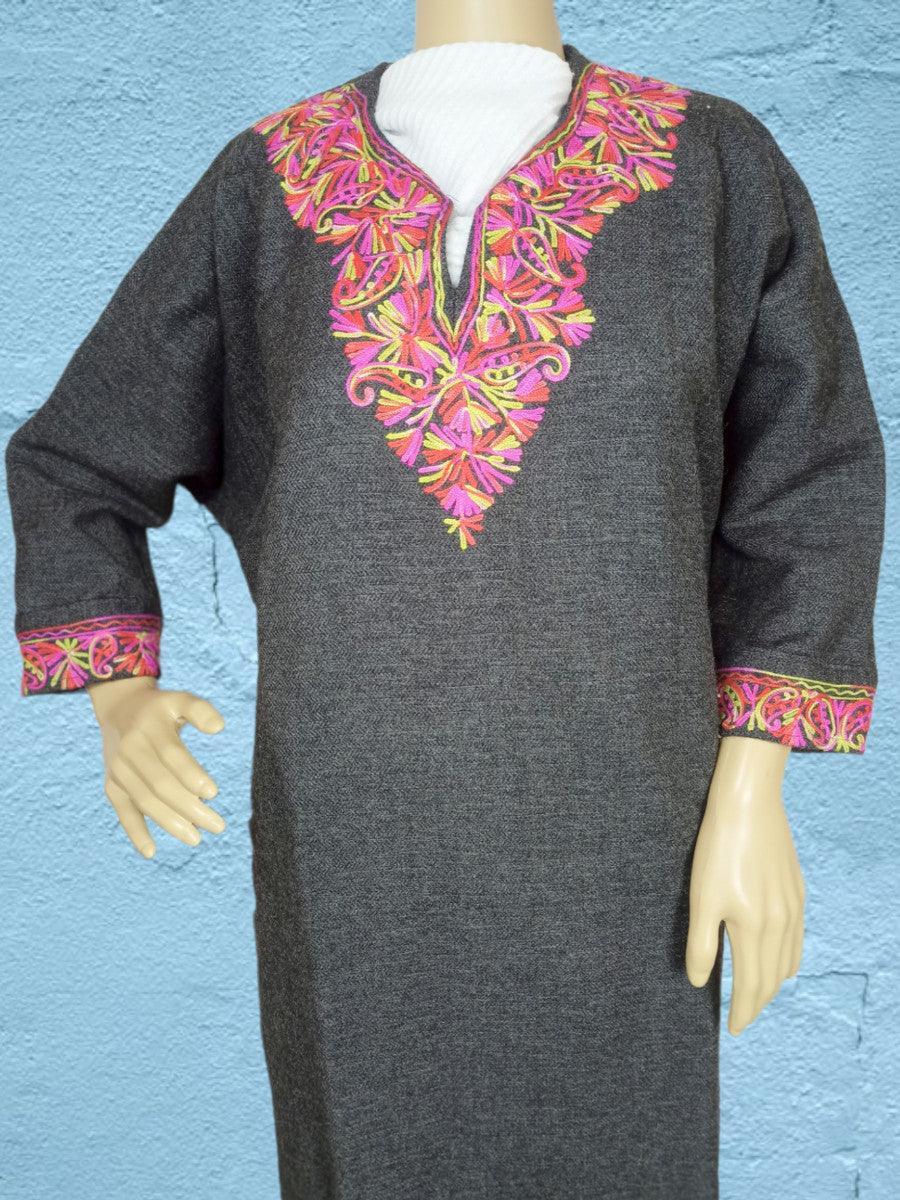 Gray traditional kurta with vibrant pink and orange floral embroidery on neckline and cuffs