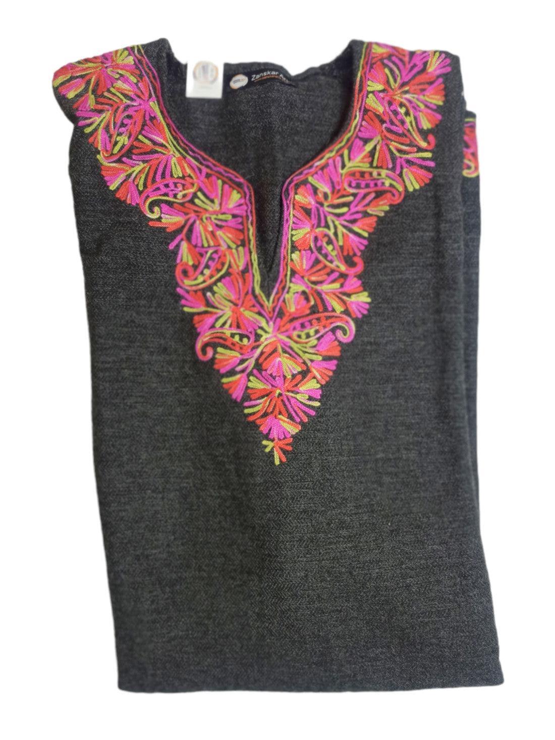 Dark grey ethnic kurta with vibrant pink and orange floral embroidery on the neckline from Zanskar Arts