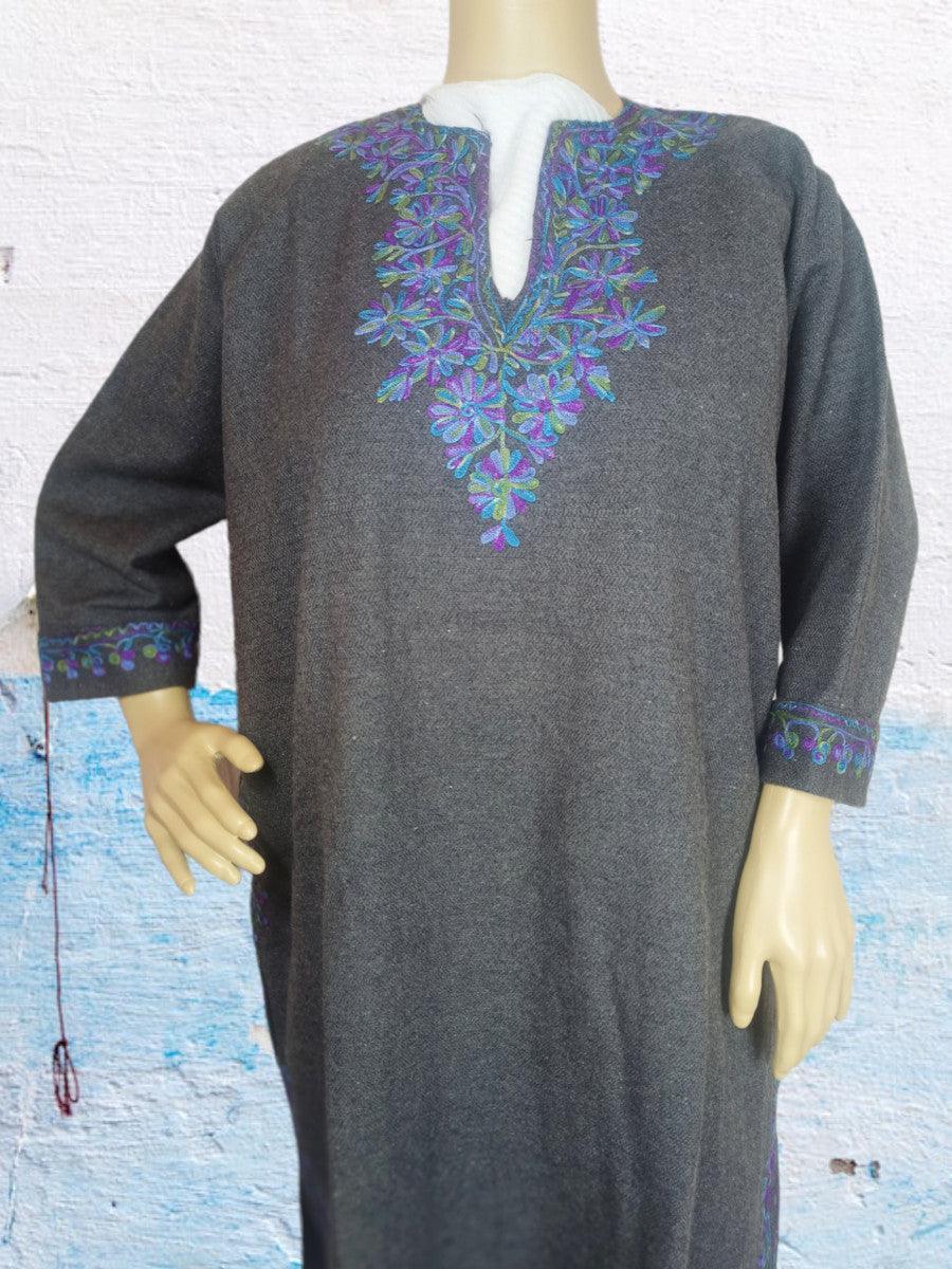 Dark grey traditional kurti with blue and purple floral embroidery on collar and sleeves displayed on mannequin