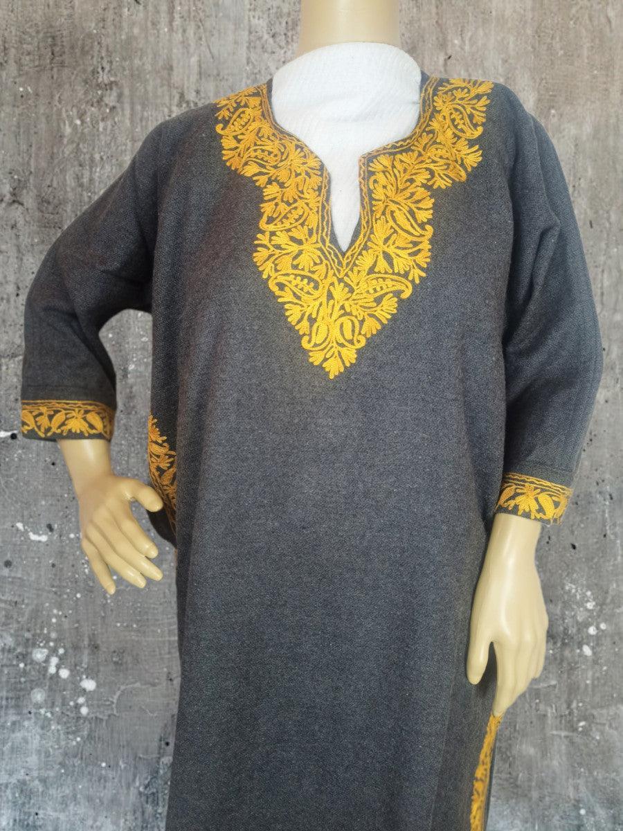 Gray traditional kurta with intricate yellow floral embroidery on neckline, cuffs, and sides