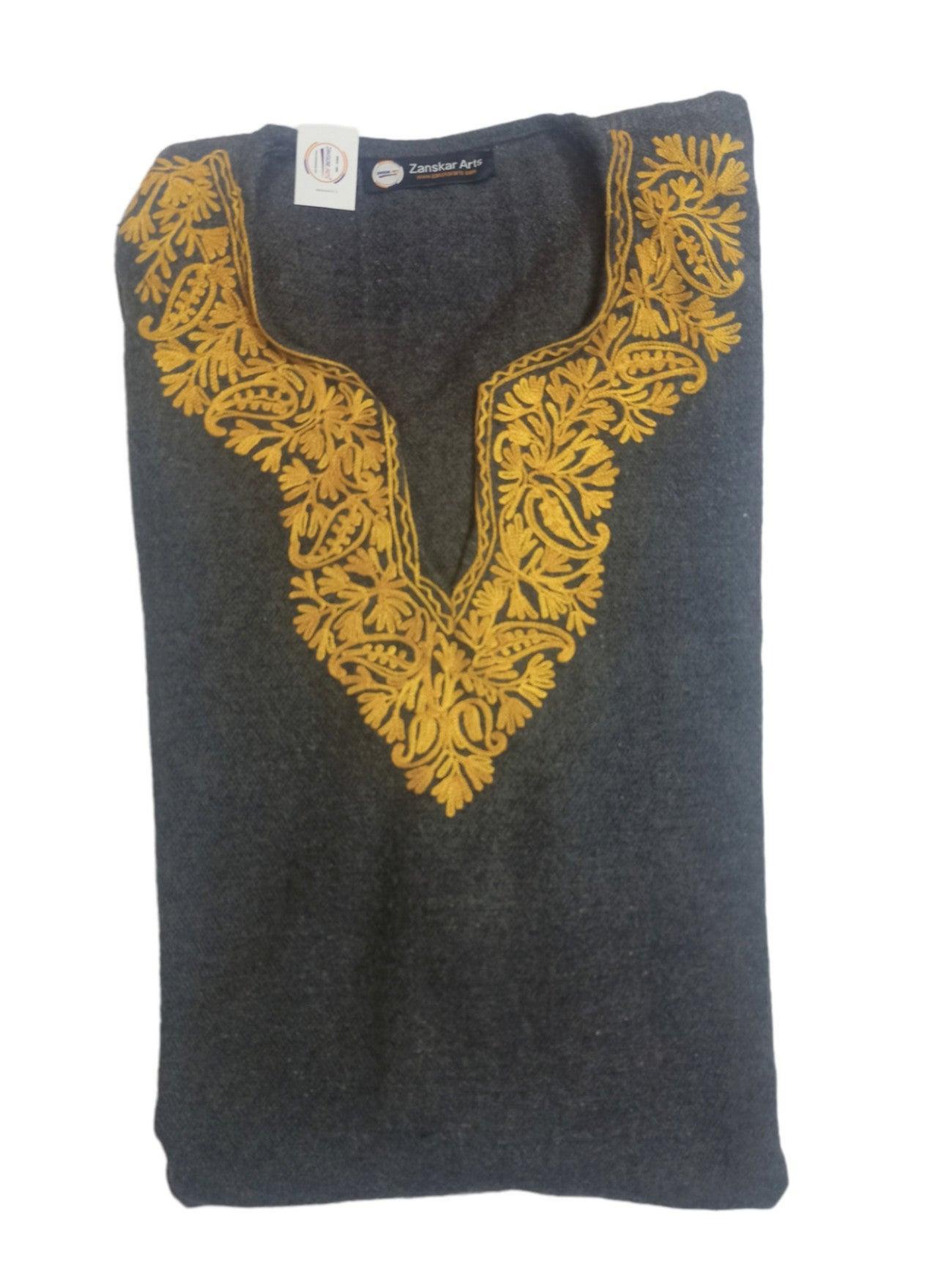 Folded dark gray pashmina shawl with intricate golden floral embroidery around the neckline from Zanskar Arts