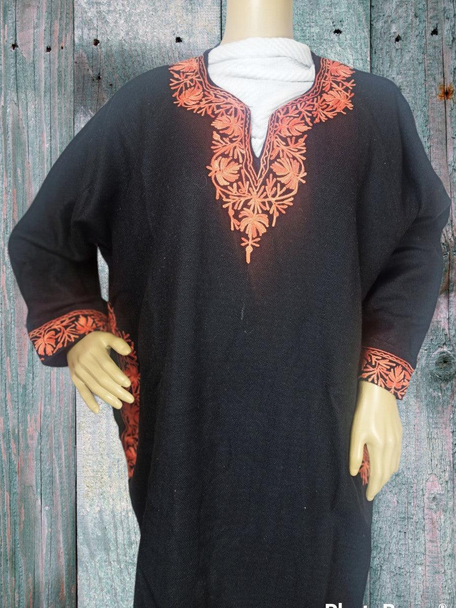 Black traditional kurta with orange floral embroidery on neck and cuffs, displayed on mannequin