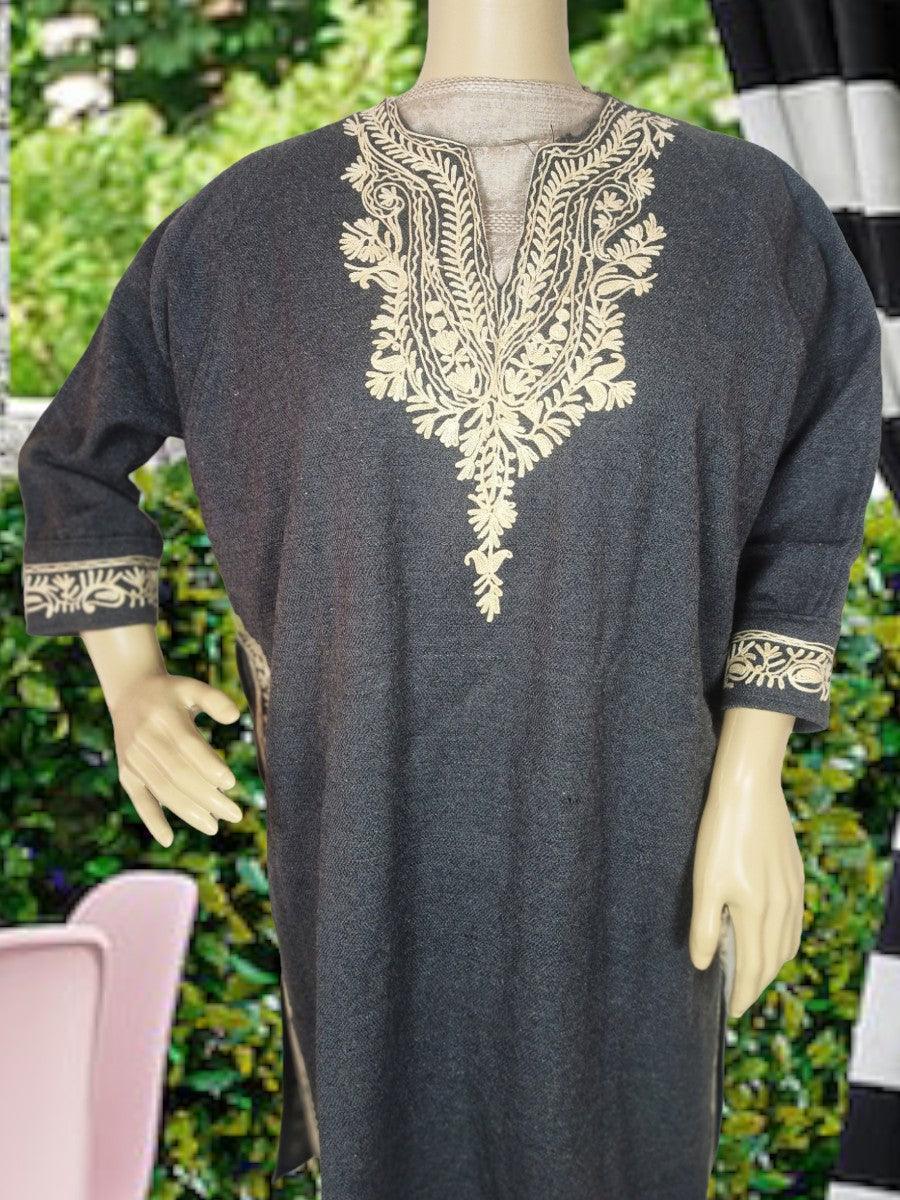 Dark gray traditional Pashmina kurta with intricate cream embroidery on neckline and sleeves, displayed on mannequin