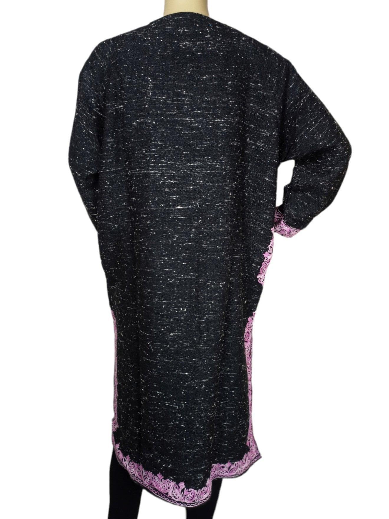 Black woolen shawl with pink floral embroidery border from Zanskar Arts