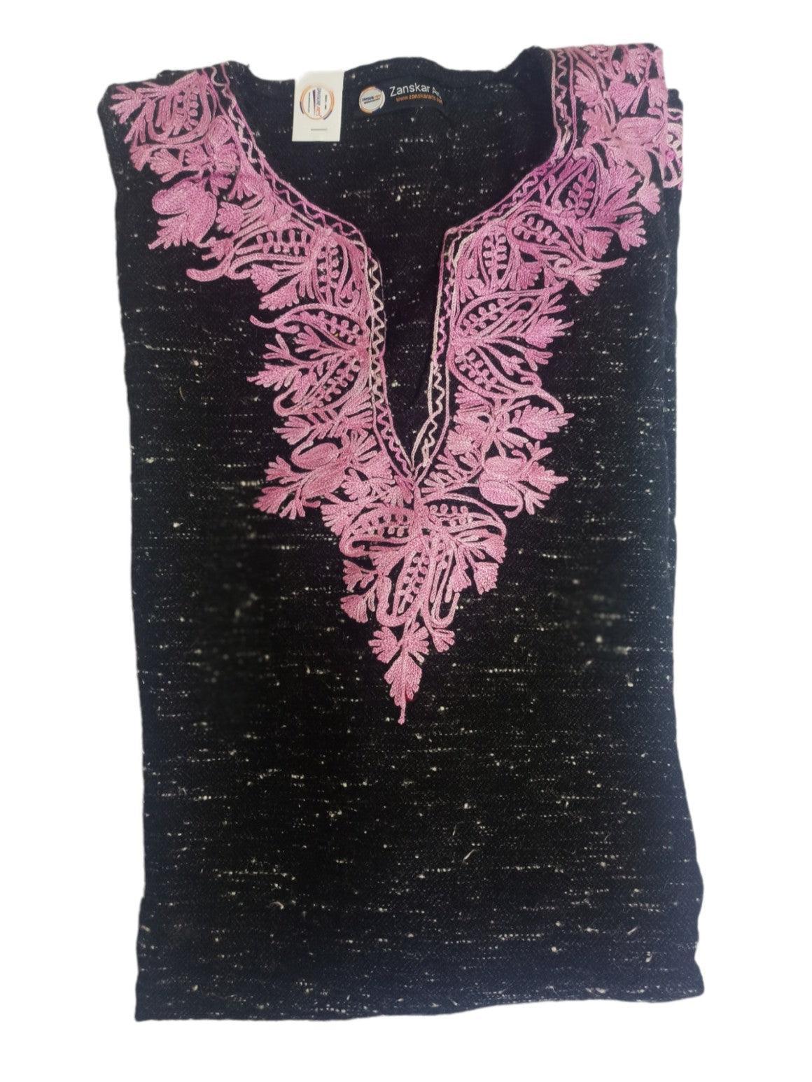 Black pashmina shawl with intricate pink floral embroidery around neckline from Zanskar Arts