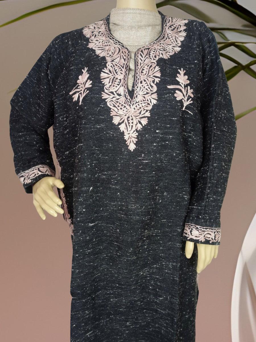 Dark grey traditional garment with light pink floral embroidery on neckline and cuffs displayed on mannequin