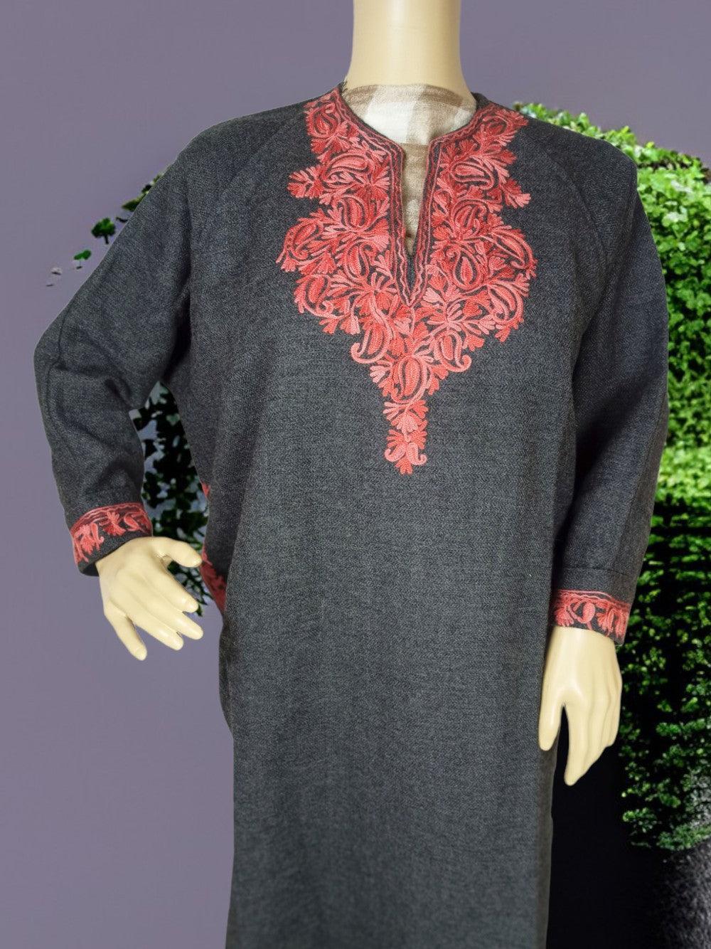 Dark gray traditional kurta with intricate red embroidery on neckline and cuffs displayed on mannequin
