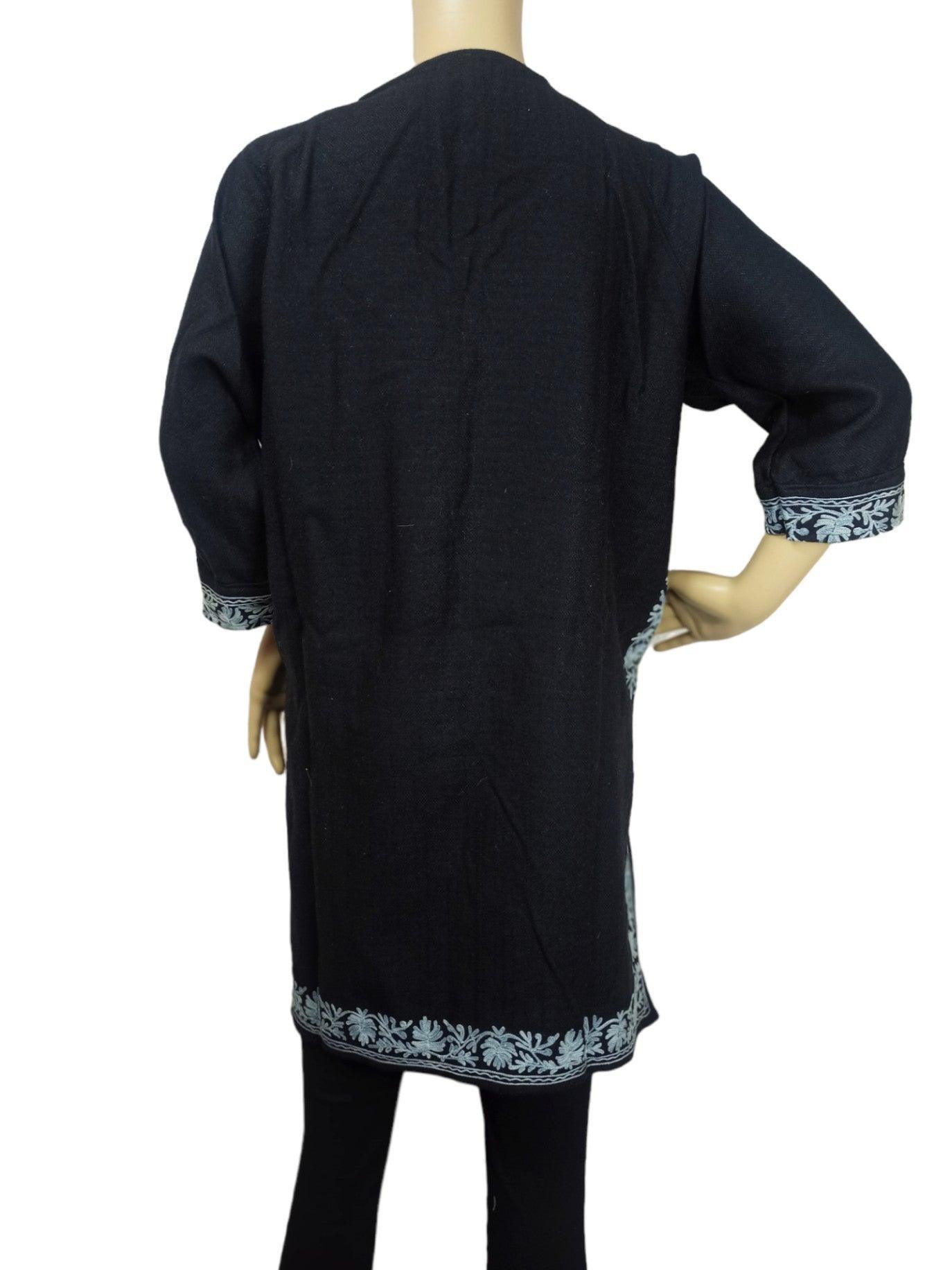 Black long kurta with light blue floral embroidery on cuffs and hem, displayed on mannequin