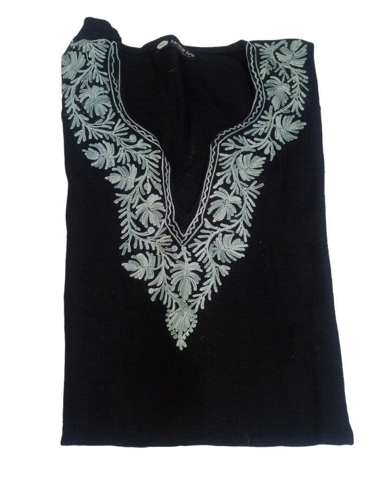 Black pashmina shawl with intricate silver floral embroidery around V-neck from Zanskar Arts