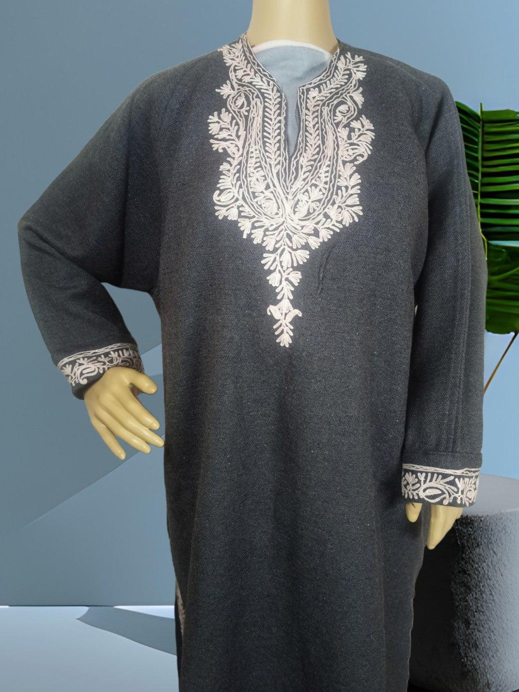Dark grey traditional kurta with intricate white embroidery on neckline and cuffs displayed on mannequin