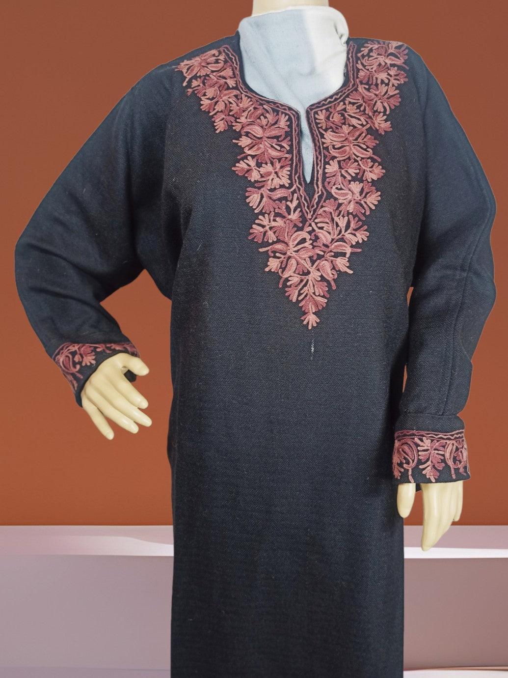 Black traditional Kashmiri Pashmina kurta with intricate rose pink floral embroidery on neckline and cuffs displayed on mannequin