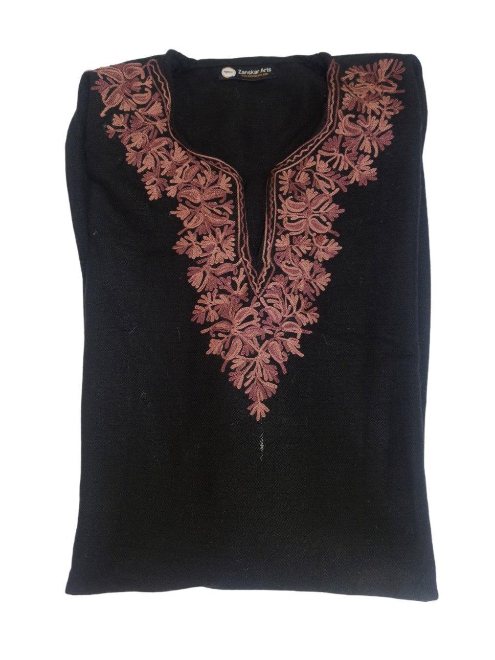 Folded black fabric with intricate brown floral embroidery around neckline from Zanskar Arts