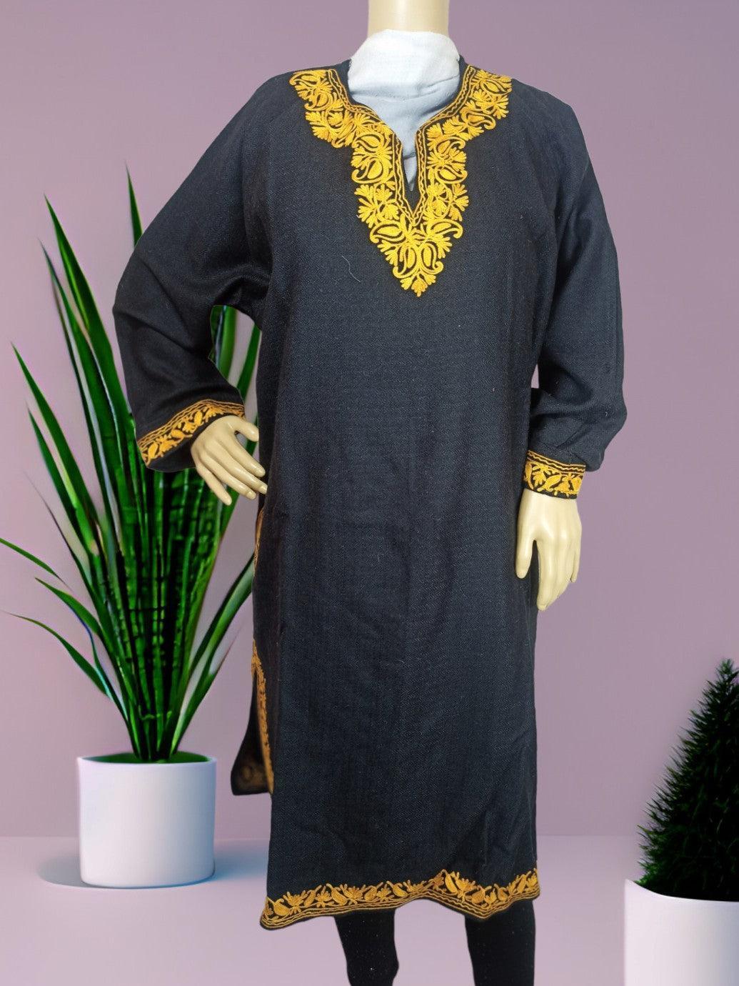 Women Yak Wool Faran | XL Dark Black | V Neck - ZANSKAR ARTS